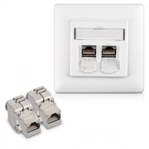 Set 1 Priza dubla de retea RJ45 10G cu 2 mufe CAT 6A, Kwmobile, Alb, Metal, 45360.01