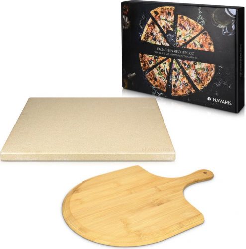 Set Piatra pizza 30x38cm si lopata pizza din bambus, Bej, Navaris, 48593.01