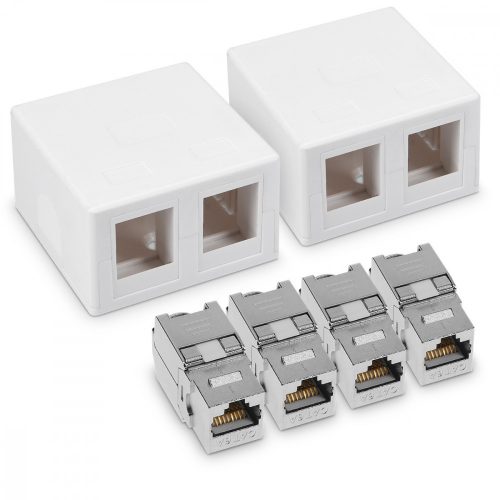 Set 2 Prize ecranate duble de retea RJ45 cu 2 mufe CAT 6A, Kwmobile, Alb, Plastic, 50454.02.02