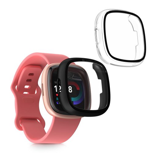 Set 2 Huse Kwmobile cu sticla securizata pentru Fitbit Versa 4/Sense 2, Transparent/Negru, Plastic, KWM000024UJ002C