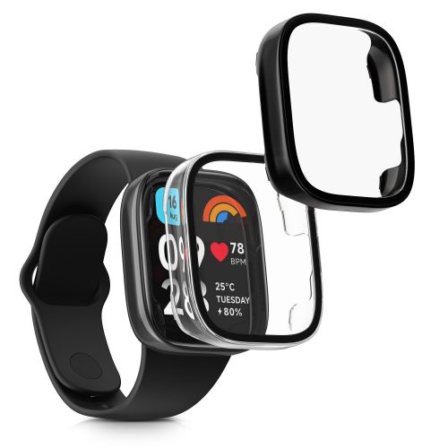 Set 2 Huse Kwmobile cu sticla securizata pentru Xiaomi Redmi Watch 3 Active / Redmi Watch 3 Lite, Transparent/Negru, Plastic, KWM000024ZD002C