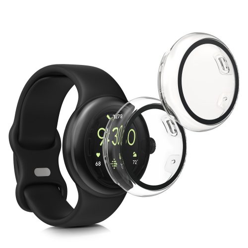 Set 2 Huse Kwmobile cu sticla securizata pentru Google Pixel Watch 2/Pixel Watch, Transparent, Plastic, KWM0000254R001C