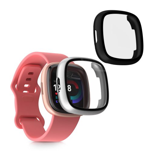 Set 2 Huse Kwmobile cu sticla securizata pentru Fitbit Versa 4/Sense 2, Negru/Argintiu, Plastic, KWM000024UJ004C